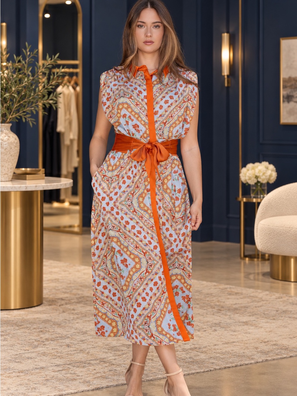 Strut & Bolt handkerchief Sleeveless Orange Tie-Waist Printed Midi Dress NWT